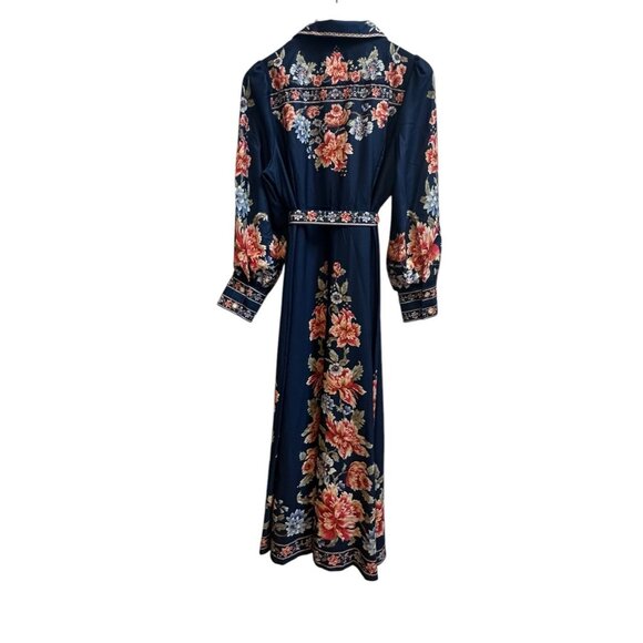 Dalia MacPhee Floral Maxi Dress Belted Button Front Sz Large NEW $250 Navy - Picture 9 of 13